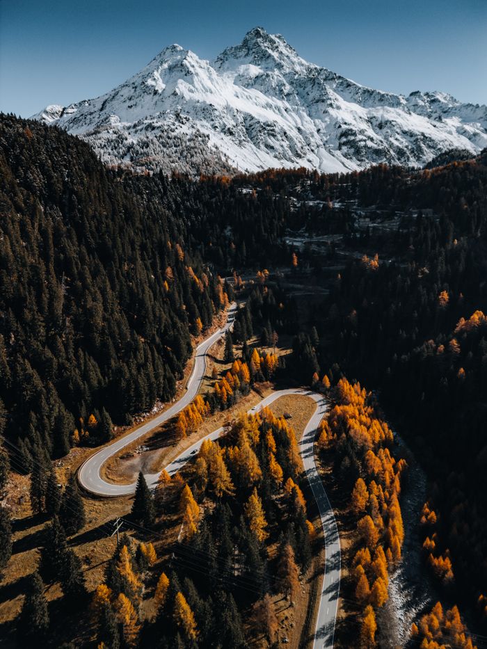 Winding road through autumn forests in the Swiss Alps with snow-covered peaks and vibrant foliage.